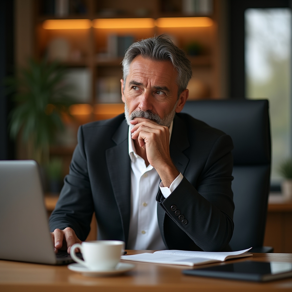 Profesional de mediana edad reflexionando frente a su escritorio